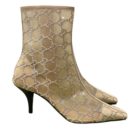 Gucci Demi Crystal GG Logo Mesh Pointed Toe Ankle Boot Tan Nude 85mm - Picture 3 of 9